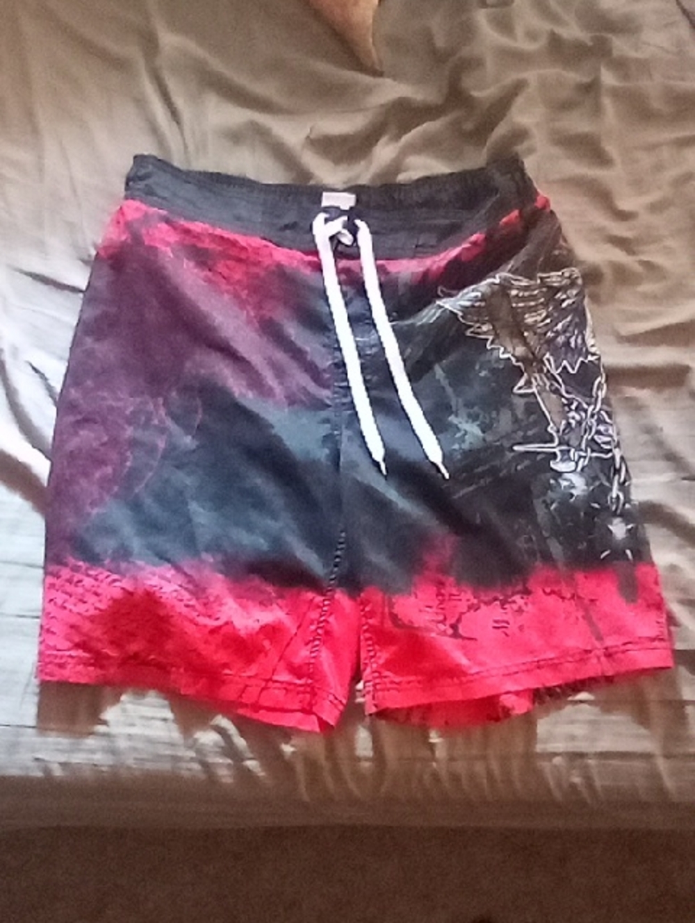 Men's Red and Black Graphic Swim Trunks with Drawstring Waist